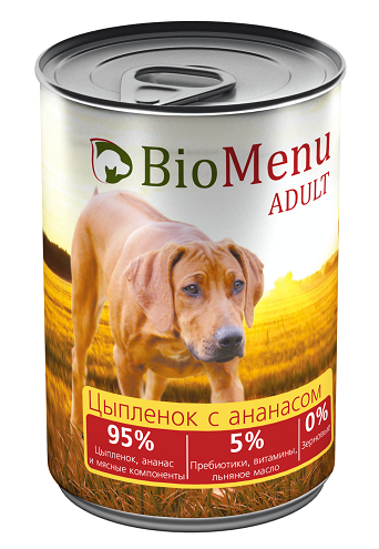 Bio Menu adult для собак цыпленок с ананасами 95%-мясо 410г