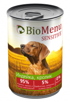 Bio Menu sensitive для собак индейка/кролик 95%-мясо 410г